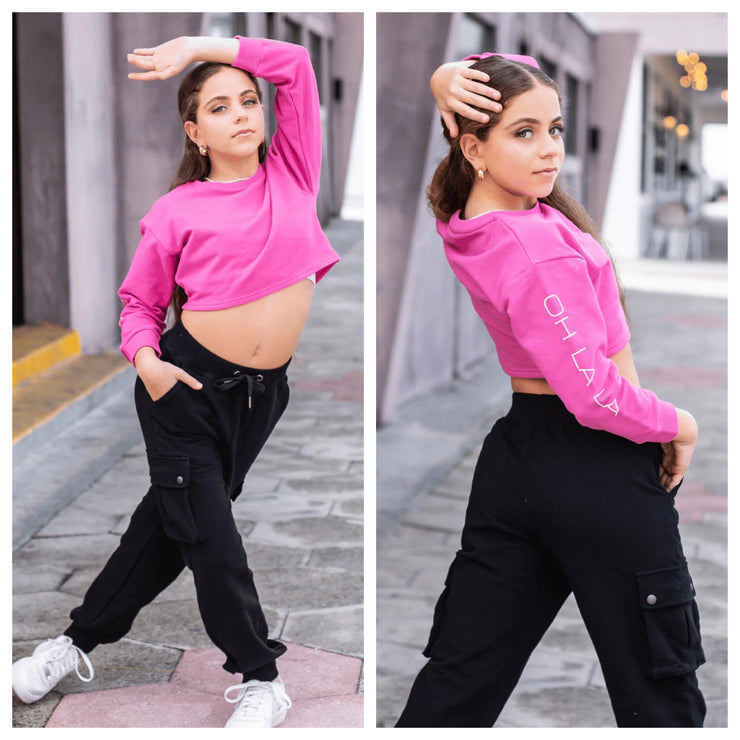 Oh lala Dancewear- The Safari Chic Crop Sweatshirt- Child/Adult-  (OLL270-RSR) - Raspberry Rose