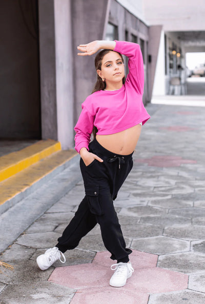 Oh lala Dancewear- The Safari Chic Crop Sweatshirt- Child/Adult-  (OLL270-RSR) - Raspberry Rose
