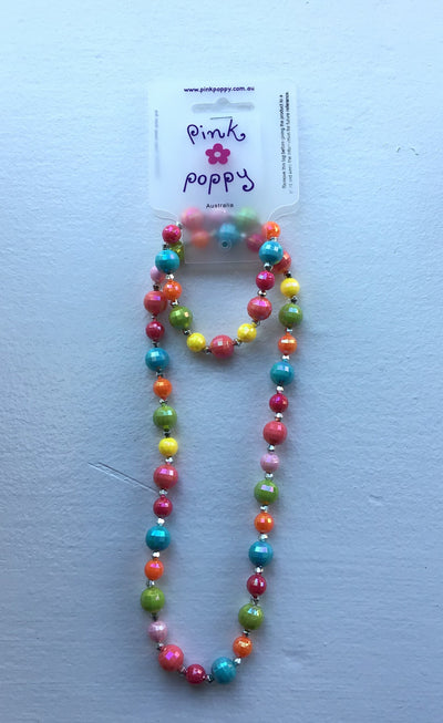 Pink Poppy - Matching Sparkle Beaded Necklace and Bracelet - (NBF-826) - Multicolor (GSO)