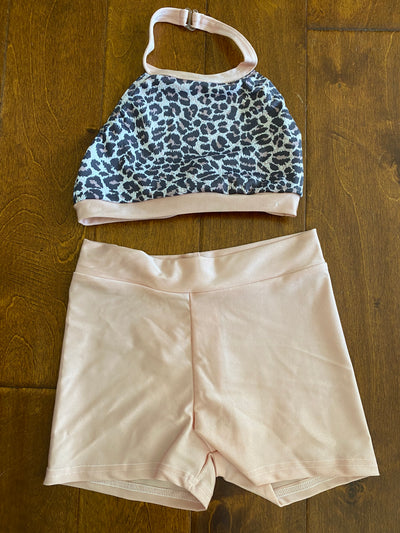 ZoëLaine - Leopard Print Halter Top with blush short set - Child FINAL SALE