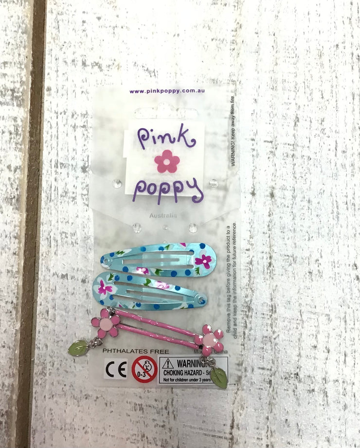 Pink Poppy - Hair Clips and Flower Charm Bobbi Pins - (2347) - Blue