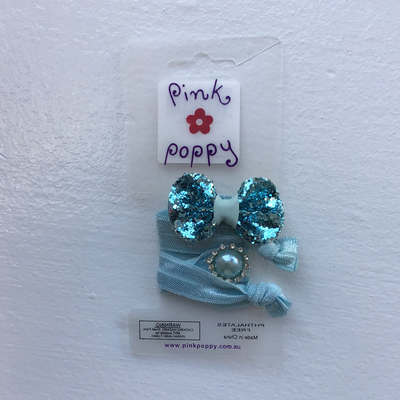 Pink Poppy - Bow and Pearl Tie Scrunchies - (SBT099) - Blue (GSO)