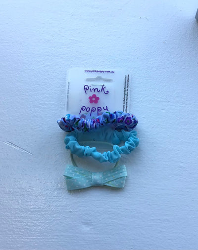 Pink Poppy - Scrunchie and Bow Hair Tie Set - (2403) - Blue
