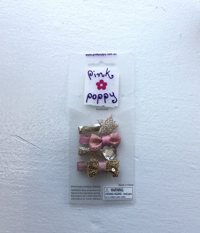 Pink Poppy - Bow/Heart/Star Sparkle Hair Clips - (HCT313) - Pink/Gold (GSO)